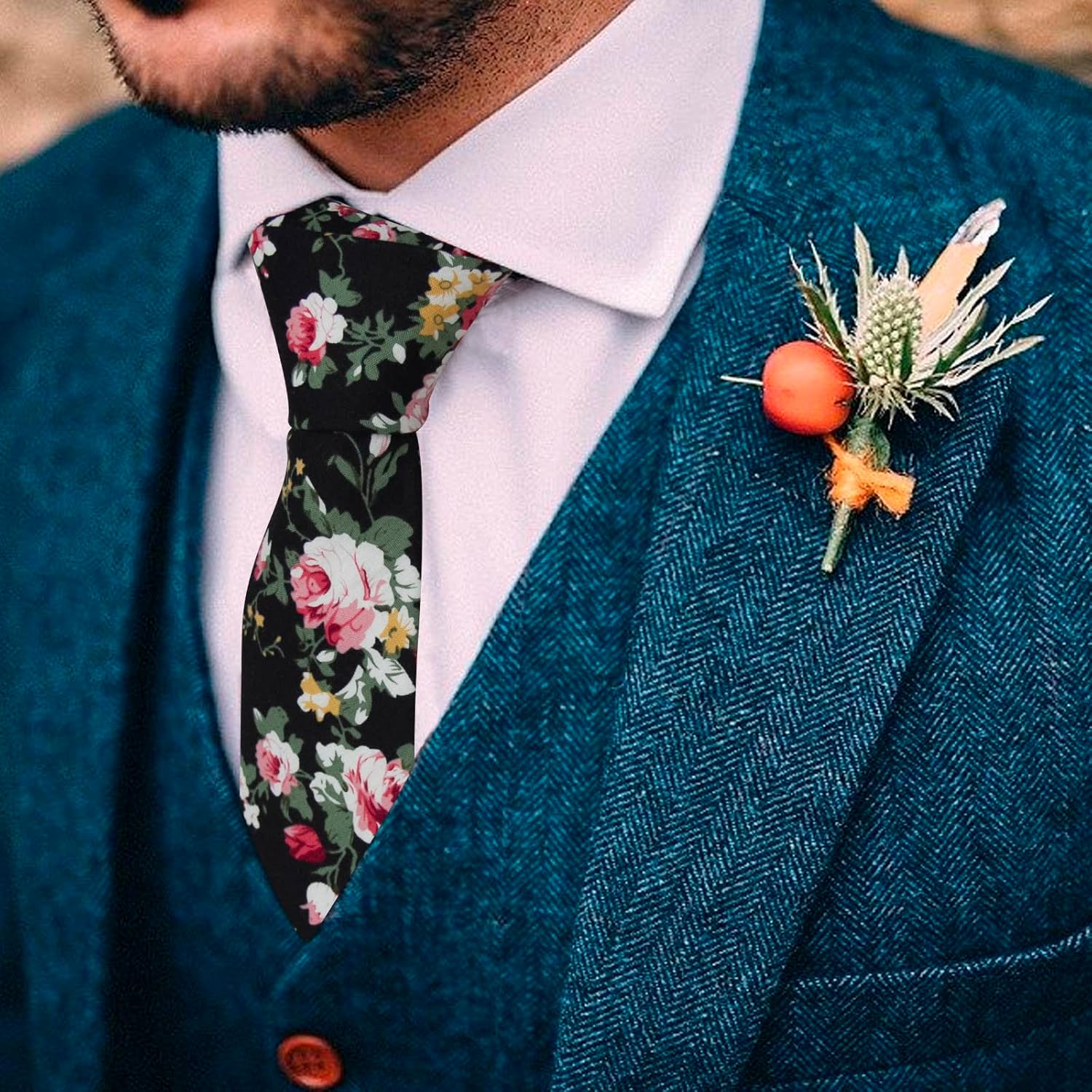 Mantieqingway Men's Cotton Printed Floral Neck Tie Skinny Tie Black Floral