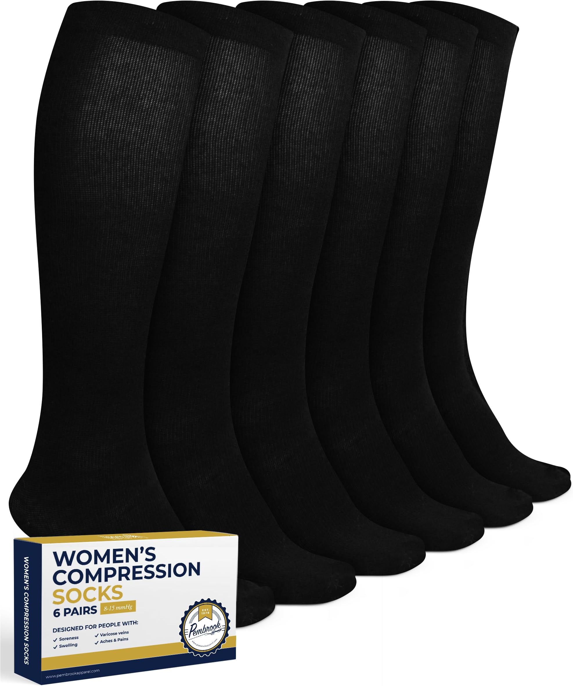 Pembrook Light Compression Socks for Women - 6 Pairs | 8-15 mmHg Cotton Compression Socks Women | Circulation Support