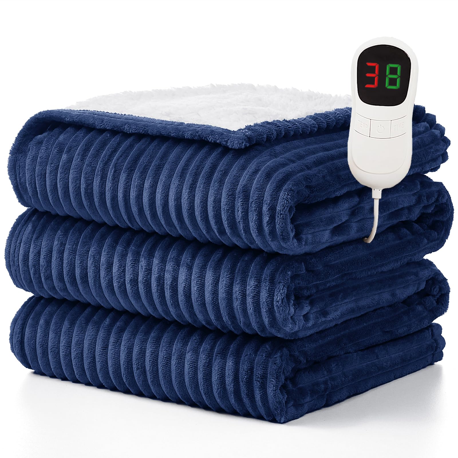 Homemate Electric Blanket - 150x200cm, 1/2/4/6/8 Hours Auto-Off 10 Heat Levels Over-Heat Protection Soft Flannel Sherpa Heated Blankets Navy Blue