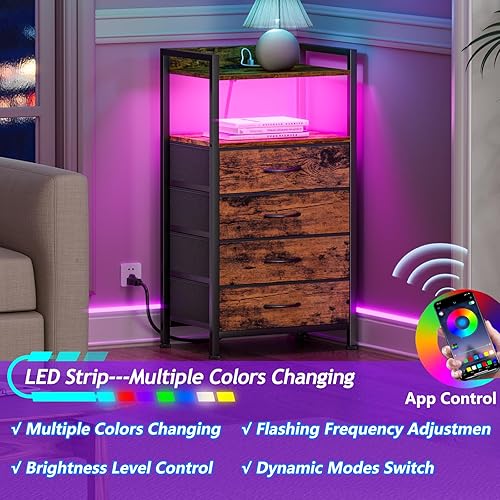 Miniatura 5 de Furnulem Cómoda de 4 cajones para dormitorio, mesita de noche alta con luz LED y estación de carga, mesita de noche pequeña, cubos de tela, marco de