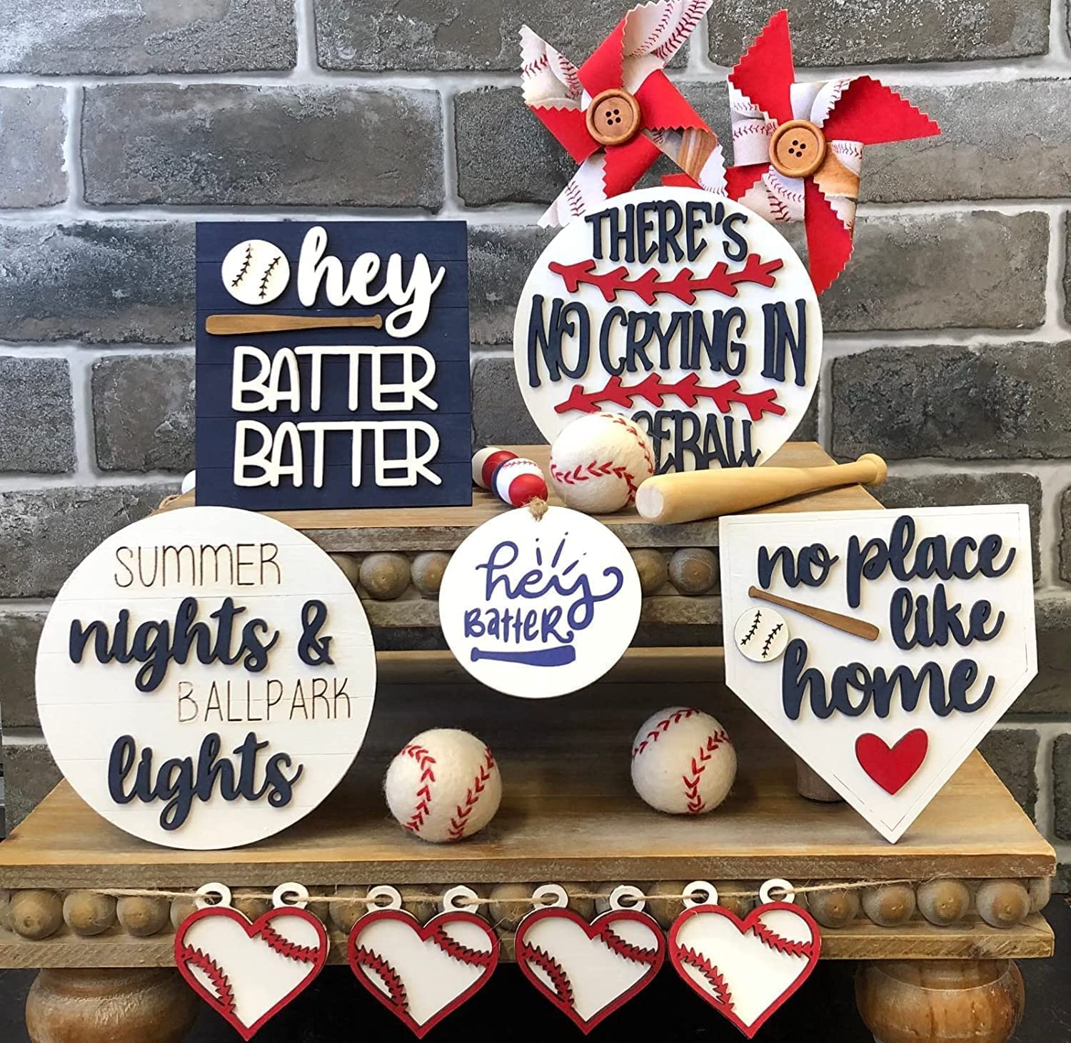 8 Pieces Baseball Tiered Tray Set Farmhouse Table Centerpieces Wooden Sign Decorations, Tiered Tray Decoration for Holiday Party Home Kitchen, Tiered Tray Decor (Tray NOT Included)