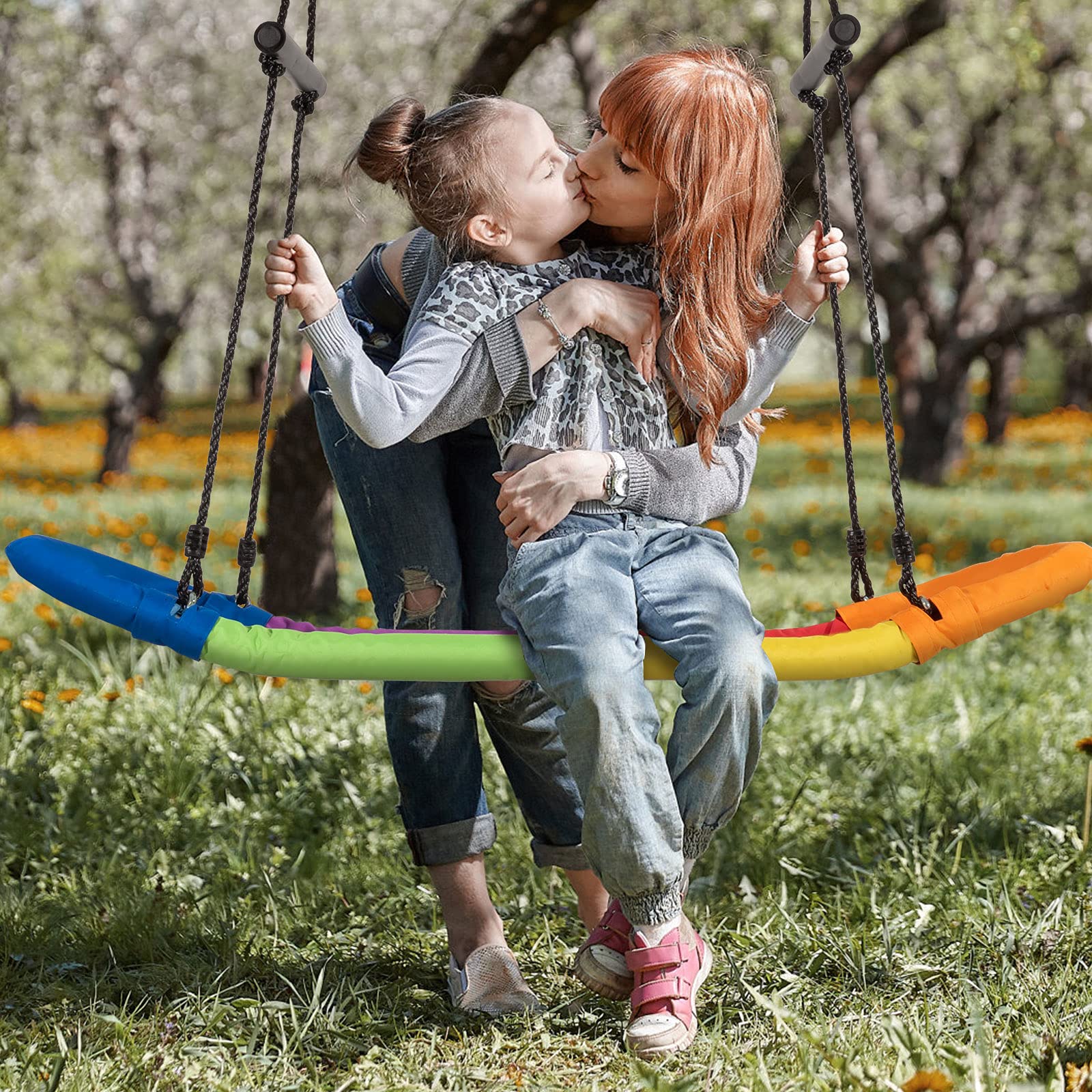GOPLUS Höheverstellbare Schaukel bis 150 kg belastbar, Gartenschaukel für Erwachsene oder Kinder, extra breiter Sitz für Mehrkind, ahmen aus Stahl, Kinderschaukel für Innen und Außenbereich (Bunt)