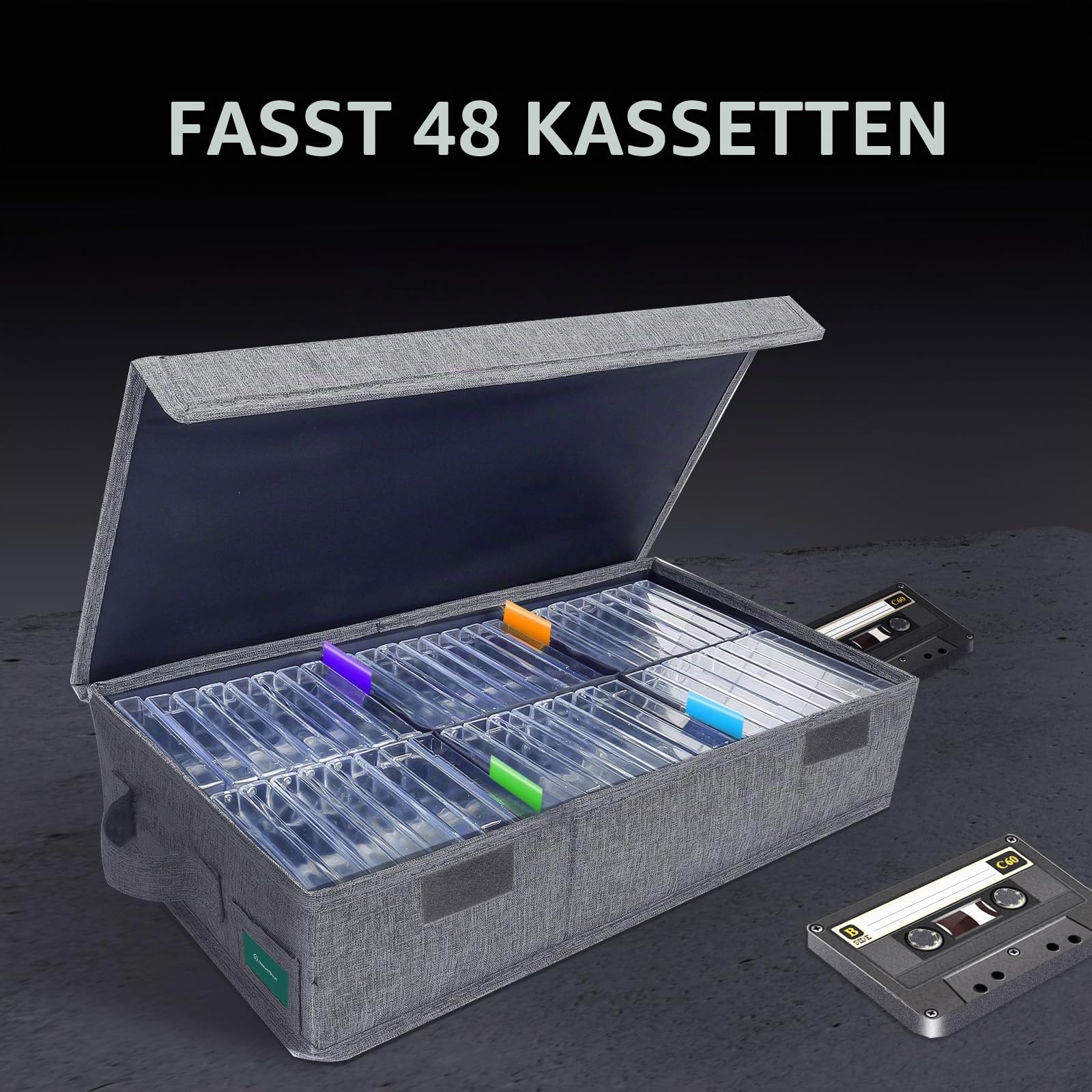 Kassetten-Aufbewahrungsbox, 3 Stück, robuster Kassettenhalter, 41 x 24 x 8 cm, Kassettenregal mit Deckel und Index-Etiketten zur Aufbewahrung von 144 Kassettenhüllen, Grau