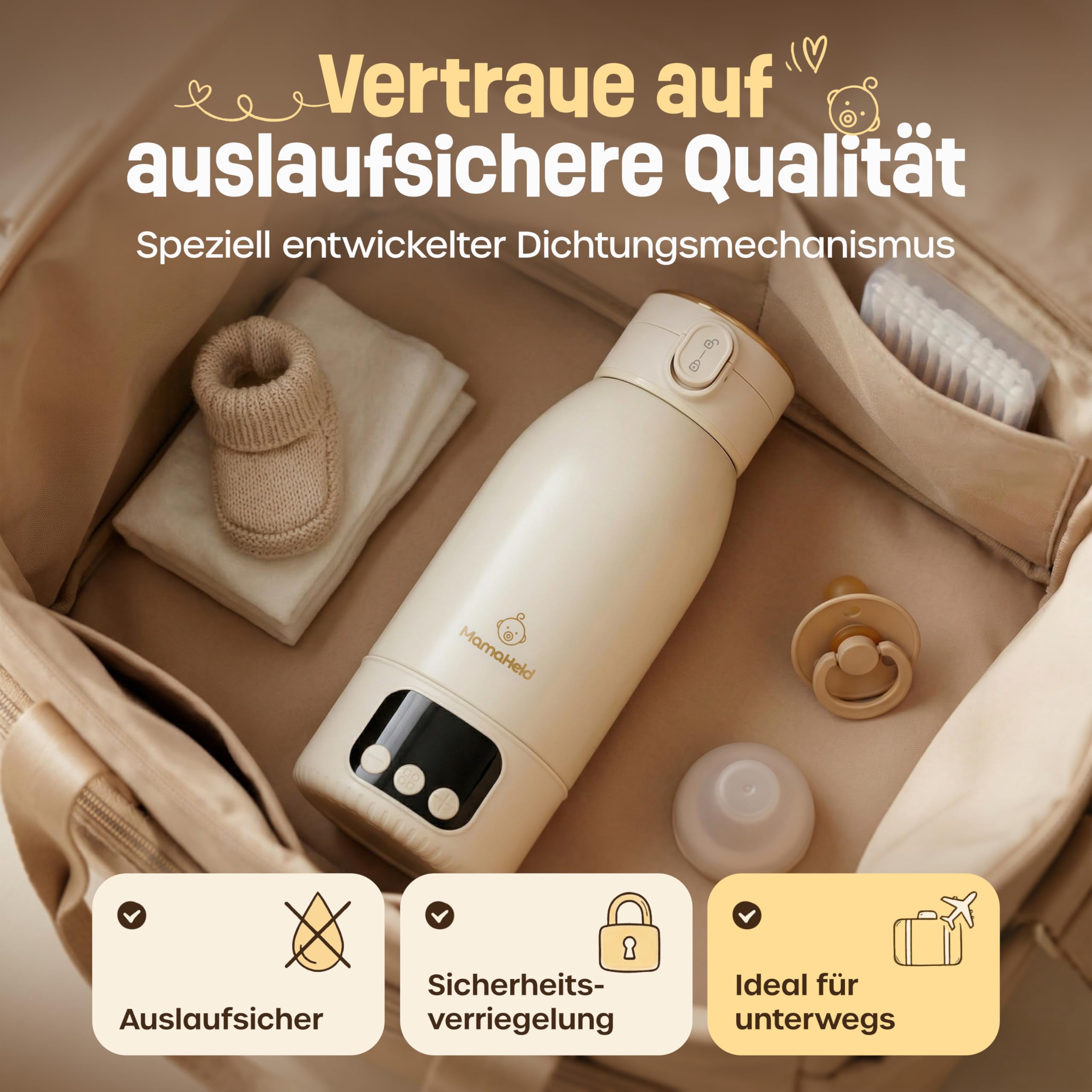 Tragbarer Babyflaschenwärmer für unterwegs – Schnelles Aufheizen in 2 Min | 500ml Kapazität | Für Muttermilch & Wasser | BPA-frei | Mehrfach nutzbar pro Tag | inkl. Bürste & Mama Ratgeber