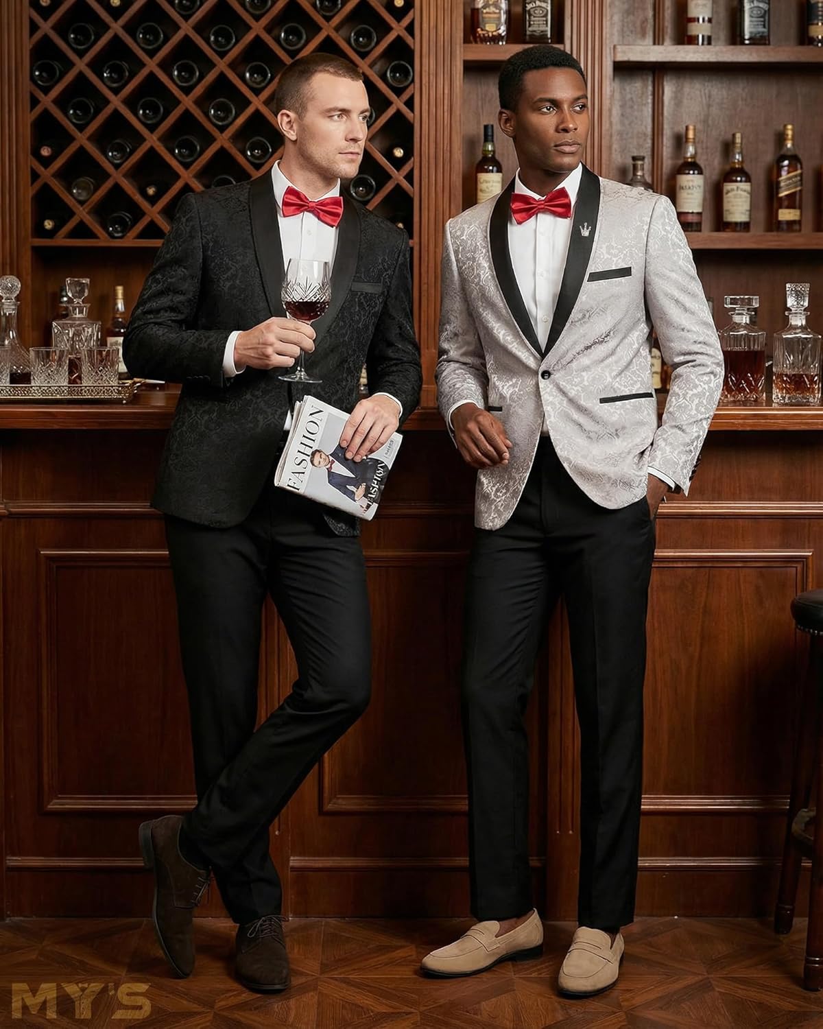 MY'S Men's Floral Tuxedo Suit Jacket, Slim Fit Paisley Blazer, Shawl Lapel with Bow Tie for Party Prom Wedding Dinner