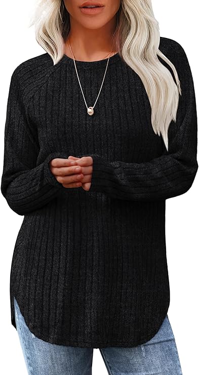 Saloogoe Long Sleeve Shirts for Women 2025 Fall Clothes Tunic Tops Loose Fit Dressy Crewneck Pullover Sweaters Curved Hem