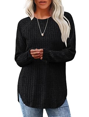 Saloogoe Long Sleeve Shirts for Women 2025 Fall Clothes Tunic Tops Loose Fit Dressy Crewneck Pullover Sweaters Curved Hem
