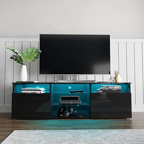 Miniatura 5 de Uspeedy Soporte de TV LED de alto brillo para televisores de 65 pulgadas, moderno centro de entretenimiento con estantes ajustables e iluminación