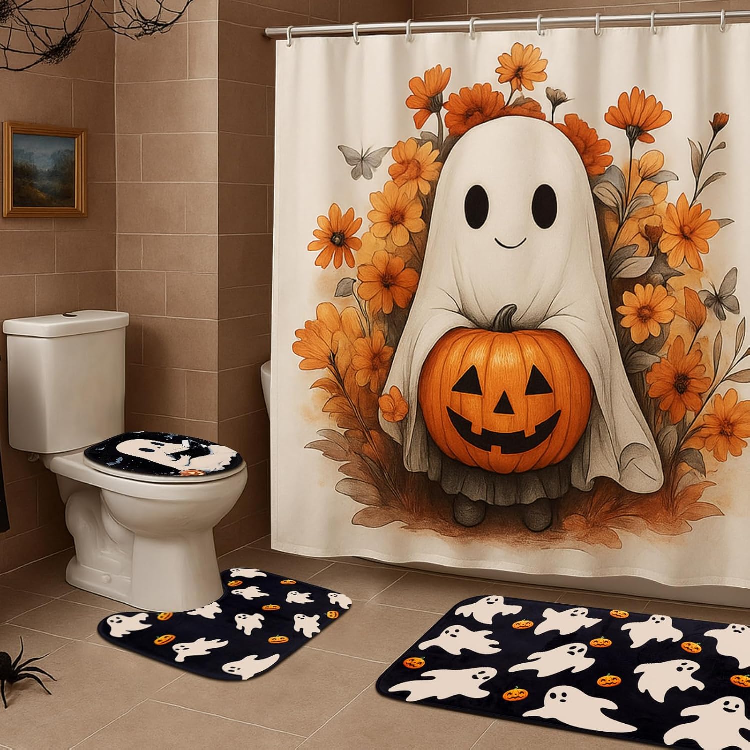 4 Pcs Thanksgiving Shower Curtain Set with Rugs, Leaves Fall Pumpkin Shower Curtains for Bathroom with Non-Slip Rug Toilet Lid Cover Bath Mat and 12 Hooks for Thanksgiving Shower-Room Home Decor