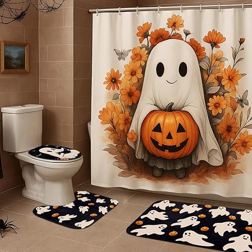 Juego de 4 cortinas de ducha de Halloween para baño, fantasma, calabaza, cortina de baño de Halloween, incluye cortinas de ducha fantasma, alfombra