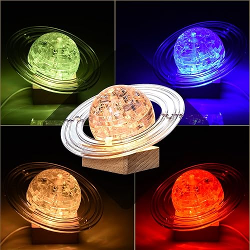 Miniatura 3 de Rompecabezas de cristal 3D, rompecabezas de cristal original, 40 piezas Saturno DIY montaje rompecabezas cerebral con base de madera iluminada,