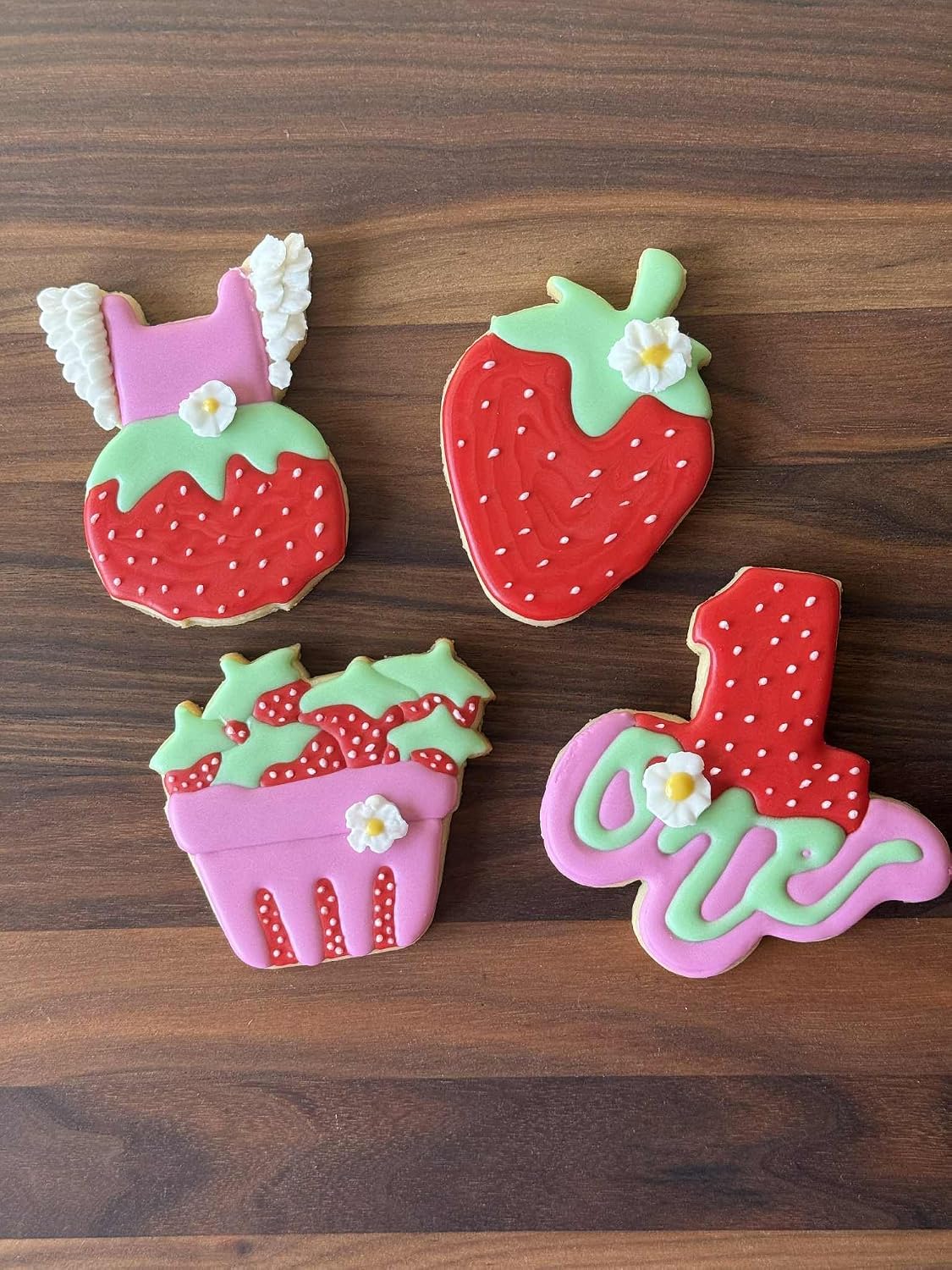STRAWBERRY COOKIE CUTTER WITH BASKET ROMPER AND NUMBER ONE Baby Girl Shower Sprinkle Welcome Home One Year Old Birthday Party Infant With Quart Berries And Onesie Toddler Cookie Cutters (4 Pack) image 2