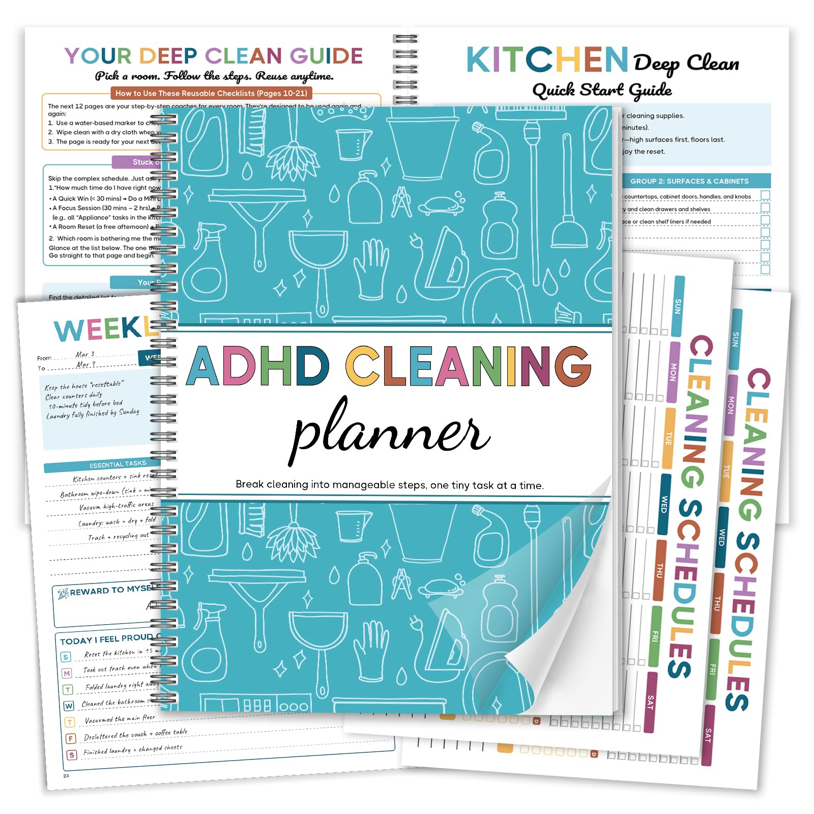 Agenda per la pulizia ADHD per adulti, edizione con copertina blu, non datata, giornaliera, settimanale, mensile, trimestrale, annuale, lista di controllo delle faccende domestiche, quaderno a spirale