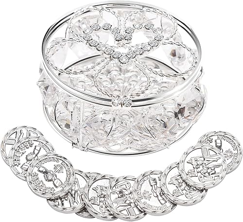 Arras de Boda Católica, Arras para Boda Católica, caja de regalo de plata con 13 monedas de cristal decorativo de diamantes de imitación, Arras de