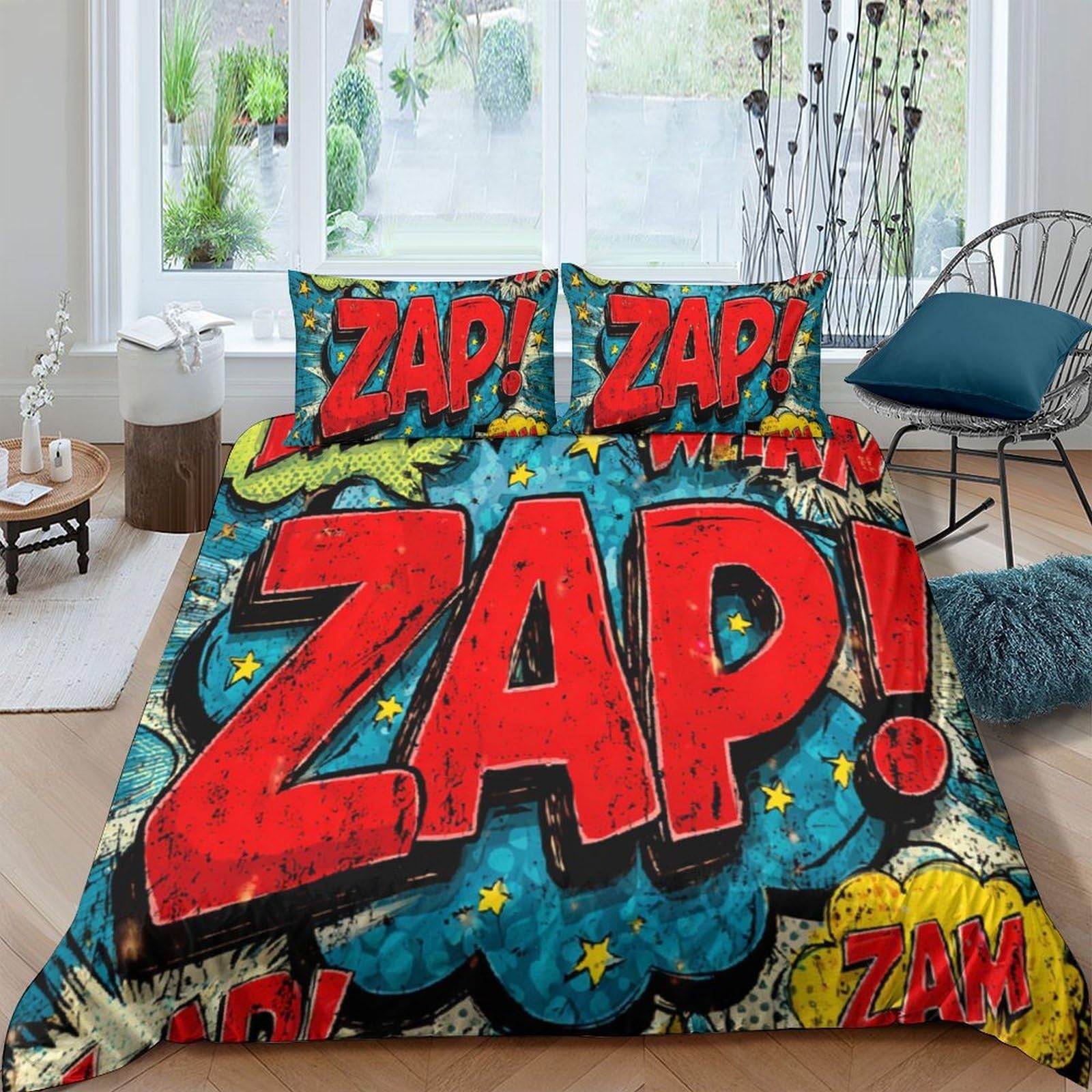 Ctjqhvkz Style-7 3D Printed Comic Pop Art Fitted Sheet Microfiber Soft Breathable Zap Graffiti Bed Cover For Bedroom Dorm Decor Single（135X200cm）
