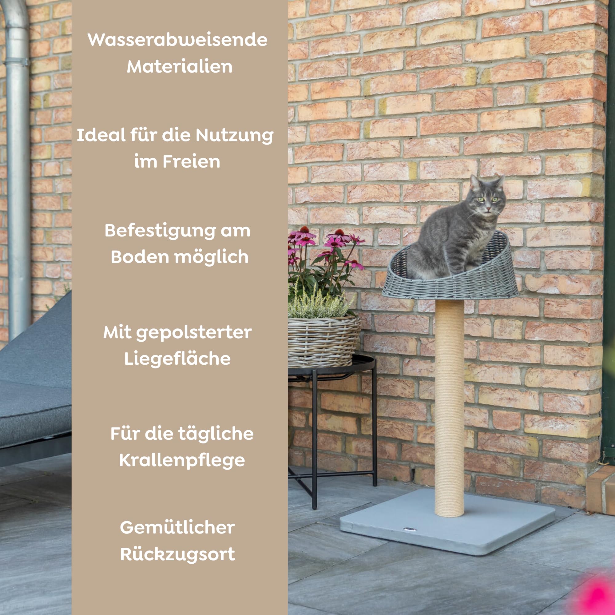 Trixie Outdoor Kratzbaum Amalia – Kratzbaum für draußen – mit Liegeplatz – wasserabweisend – grau – 88 cm