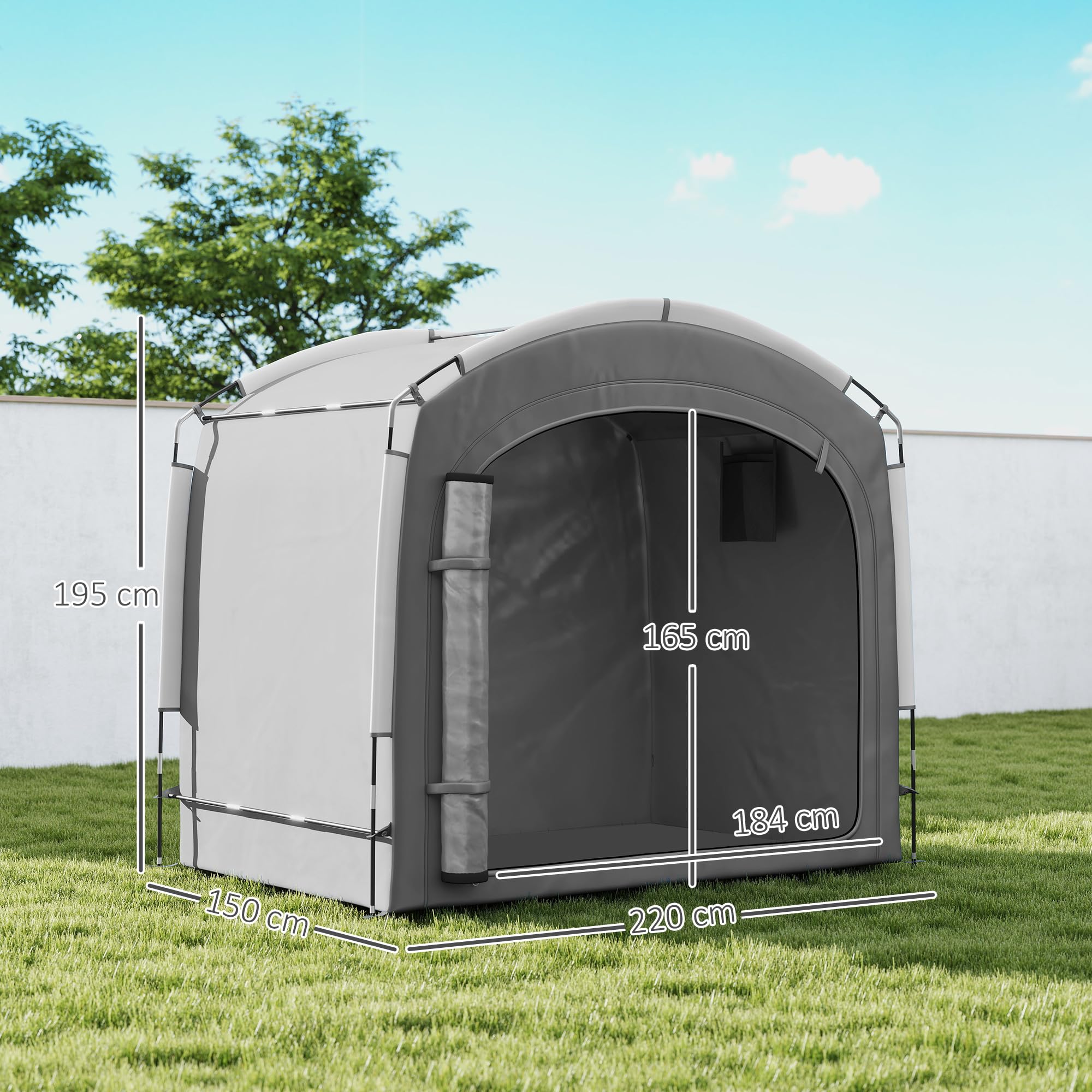 Outsunny Tienda para Guardar Bicicletas en el Exterior, cobertizo portátil para 3-4 Bicicletas con 2 Bolsillos Laterales, 205 x 140 x 188 cm, Gris Oscuro