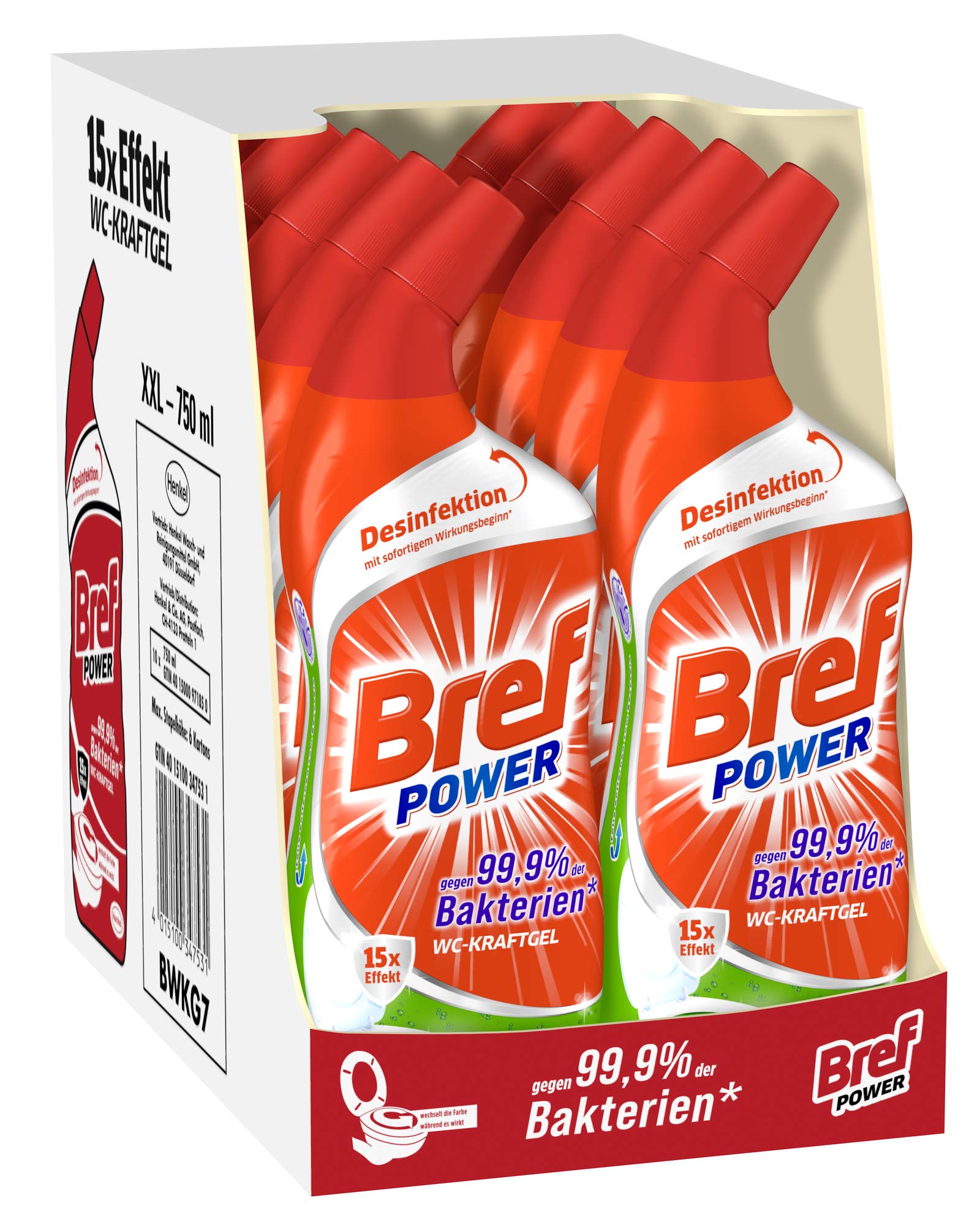 Bref Power WC KraftGel 15x Effekt gegen 99,9 Prozent der Bakterien, 10er Pack (10 x 750 ml), WC Reiniger extrastark für eine kraftvolle Reinigung und Desinfektion