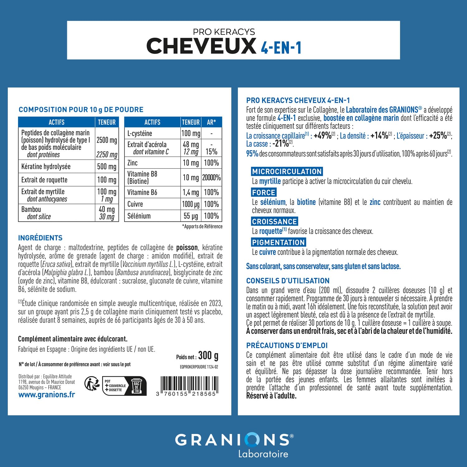Granions Pro Keracys Cheveux 4en1 300 g | Complement Alimentaire Cheveux - Collagene Marin, Biotine, Selenium, Keratine, Zinc, Vitamine B6 - Grenade - 300g
