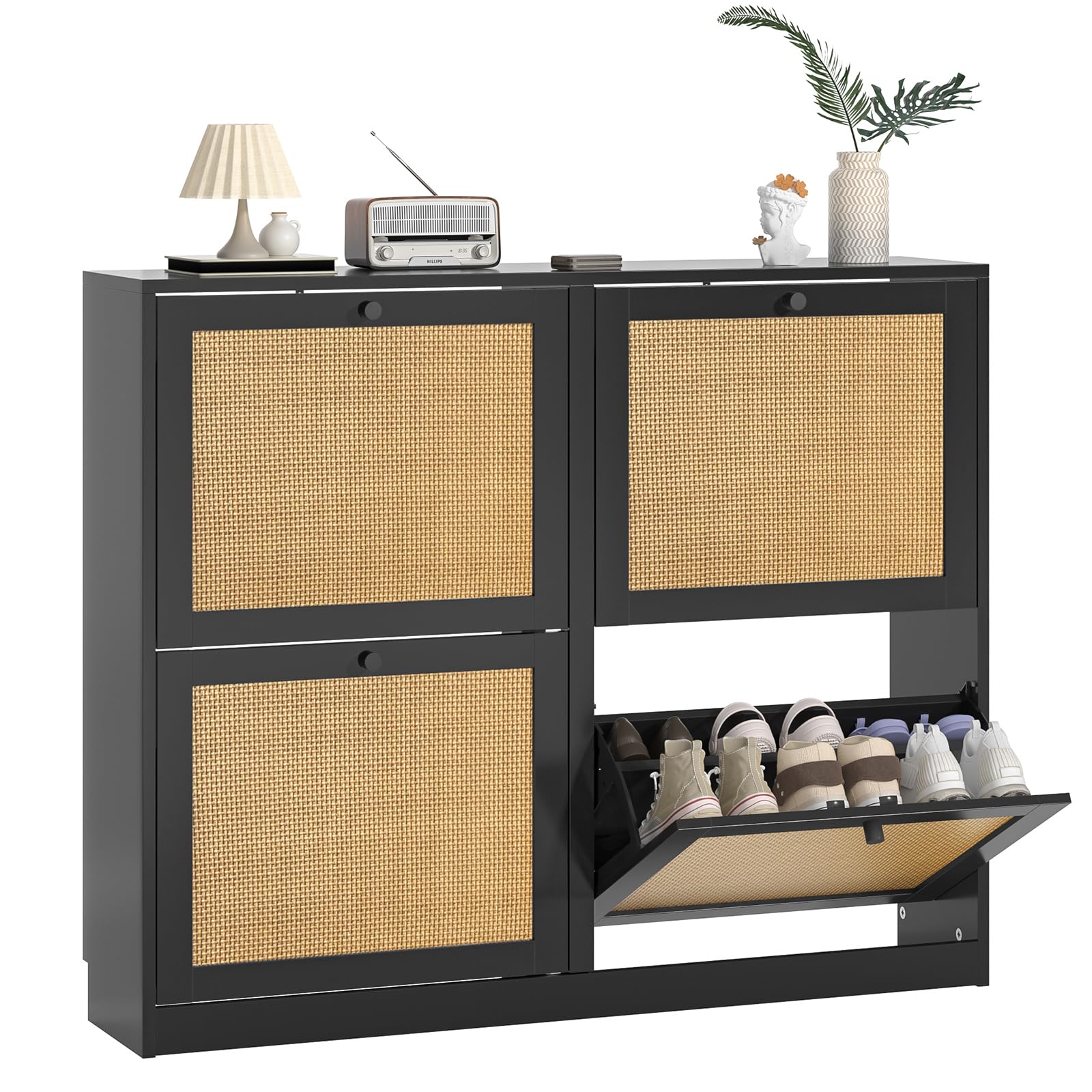 Skokliz Black Rattan Shoe Cabinet With 4 Flip Drawers, Freestanding Shoe Storage Cabinet With Adjustable Shelf & Anti-Tipping Device, Narrow Shoe Cabinet Cupboard Entryway, Hallway, Living Room