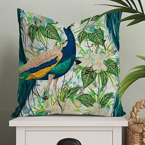Funda de almohada rústica con diseño de pájaro verde pavo real y flores ricas de color rosa, decoración de pavo real, funda de cojín cuadrada