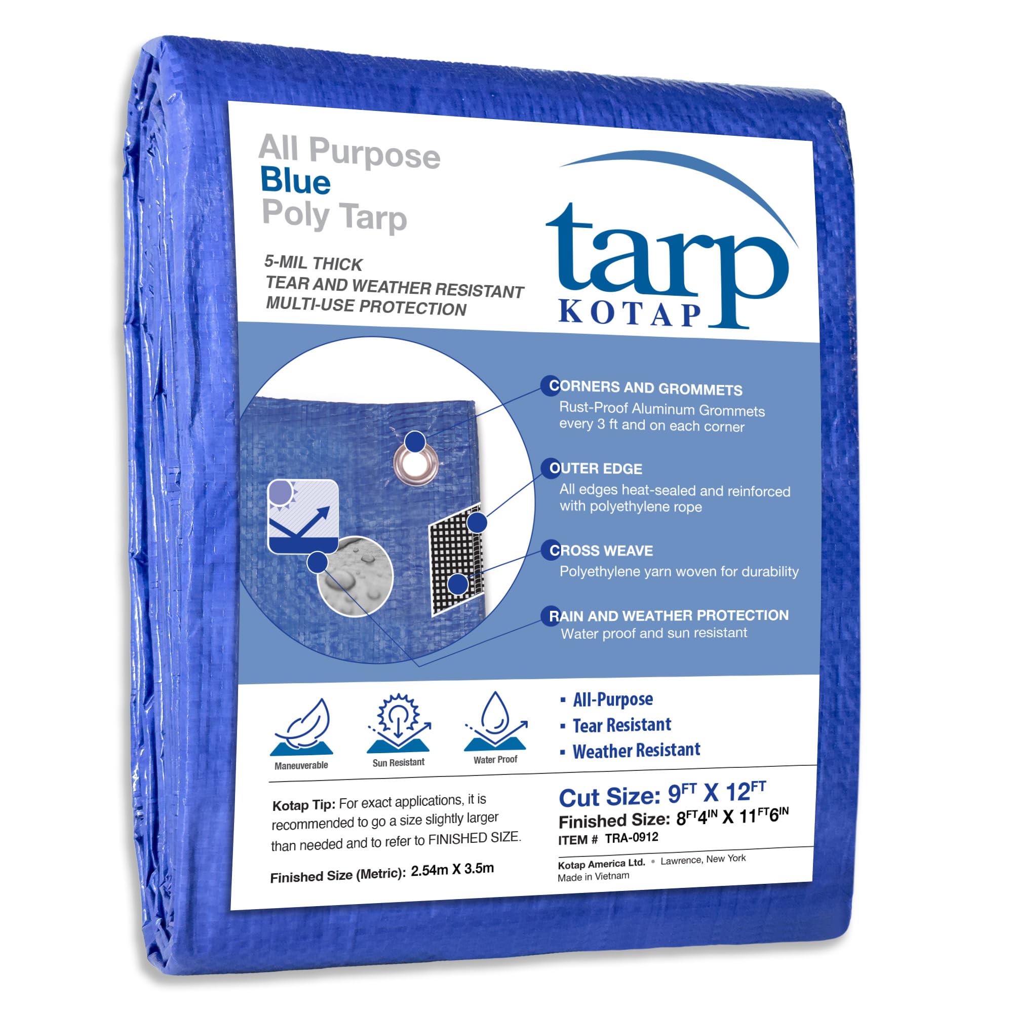 Kotap 9 x 12 Ft. All-Purpose Multi-Use Protection/Coverage 5-mil Poly Tarp, Waterproof, Blue, 1-Pack (TRA-0912)