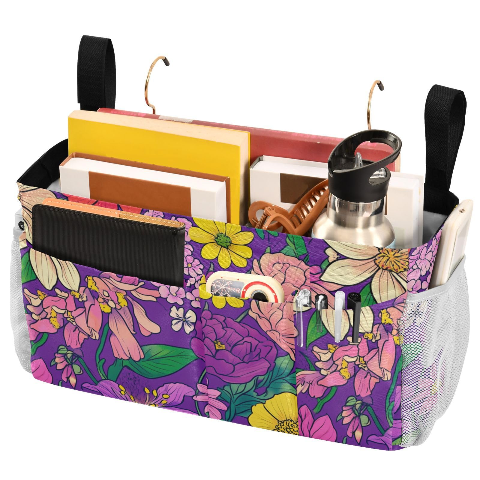 FRODOTGV Florals Orchid Peonies Carnation Purple Bed Pockets Bedside Storage College Dorm Bed Hanging Basket for Glasses,Books,Mobile Phones,Keys