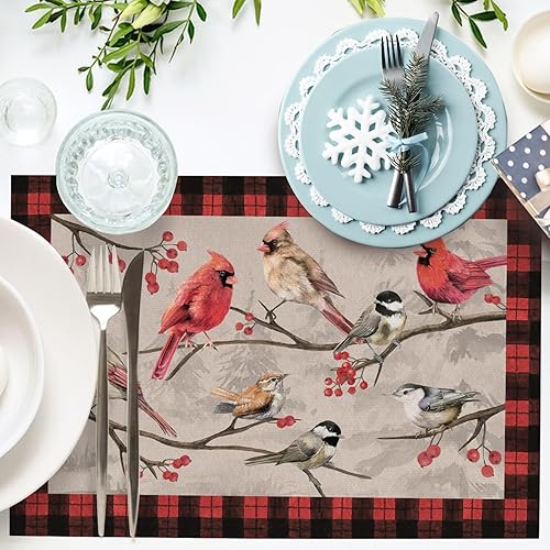 Miniatura 4 de Seliem Winter Birds - Juego de 4 manteles individuales de PVC, diseño vintage de cardenal con ramas de bayas rojas, manteles individuales de vinilo