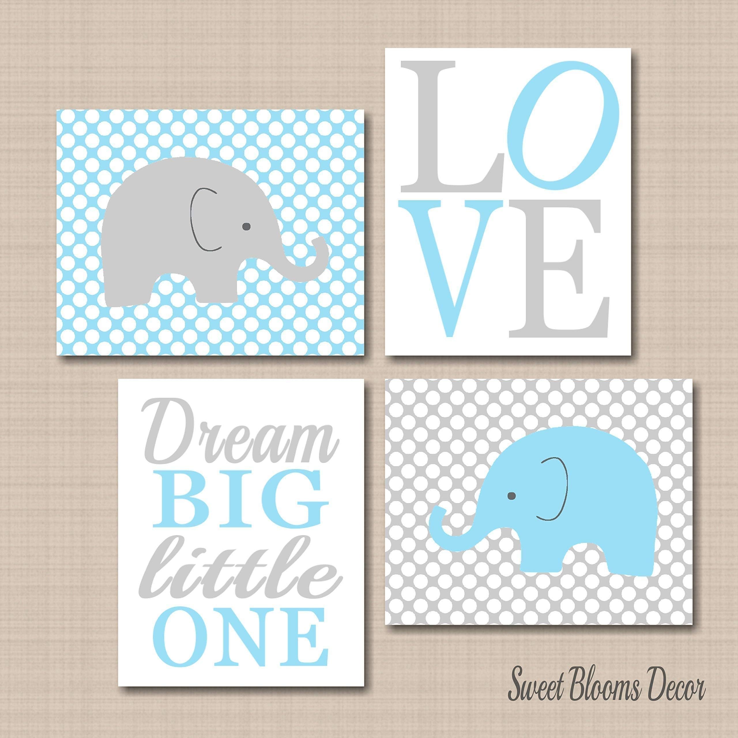 Elephant Nursery Wall Art Baby Blue Gray Polkadot Elephant Wall Art Nursery Decor Dream Big Little One UNFRAMED 4 PRINTS (NOT CANVAS) C335