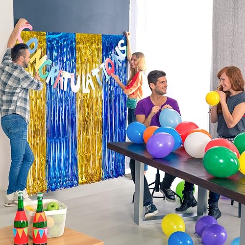 Miniatura 3 de LOLStar Paquete de 3 decoraciones de fiesta de graduación azul y dorado 2022, cortinas de flecos de papel de aluminio de 3.2 x 6.6 pies, telón de