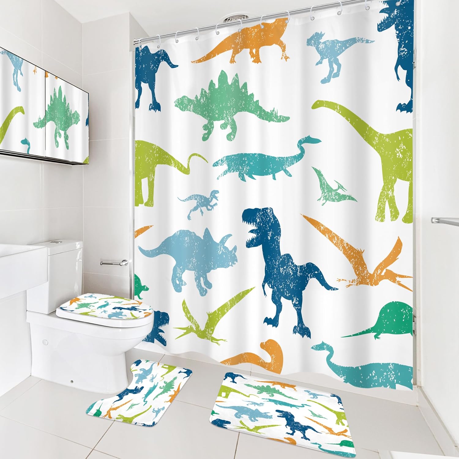 Cinbloo 4Pcs Kids Dinosaur Shower Curtain Set, Cute Cartoon Wildlife Bathroom Curtain with Rug, Toilet Lid Cover, Bath Mat, Safari Dino Foil Print Nursery for Children Shower Curtain with 12 Hooks