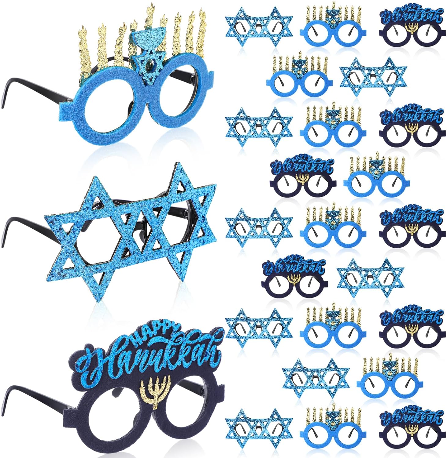 Liliful 24 Pieces Hanukkah Glasses, Chanukah Menorah Plastic Eyewear Party Decoration Jewish Festival Hanukkah Photo Props for Chanukah Christmas Party, 3 Assorted Styles
