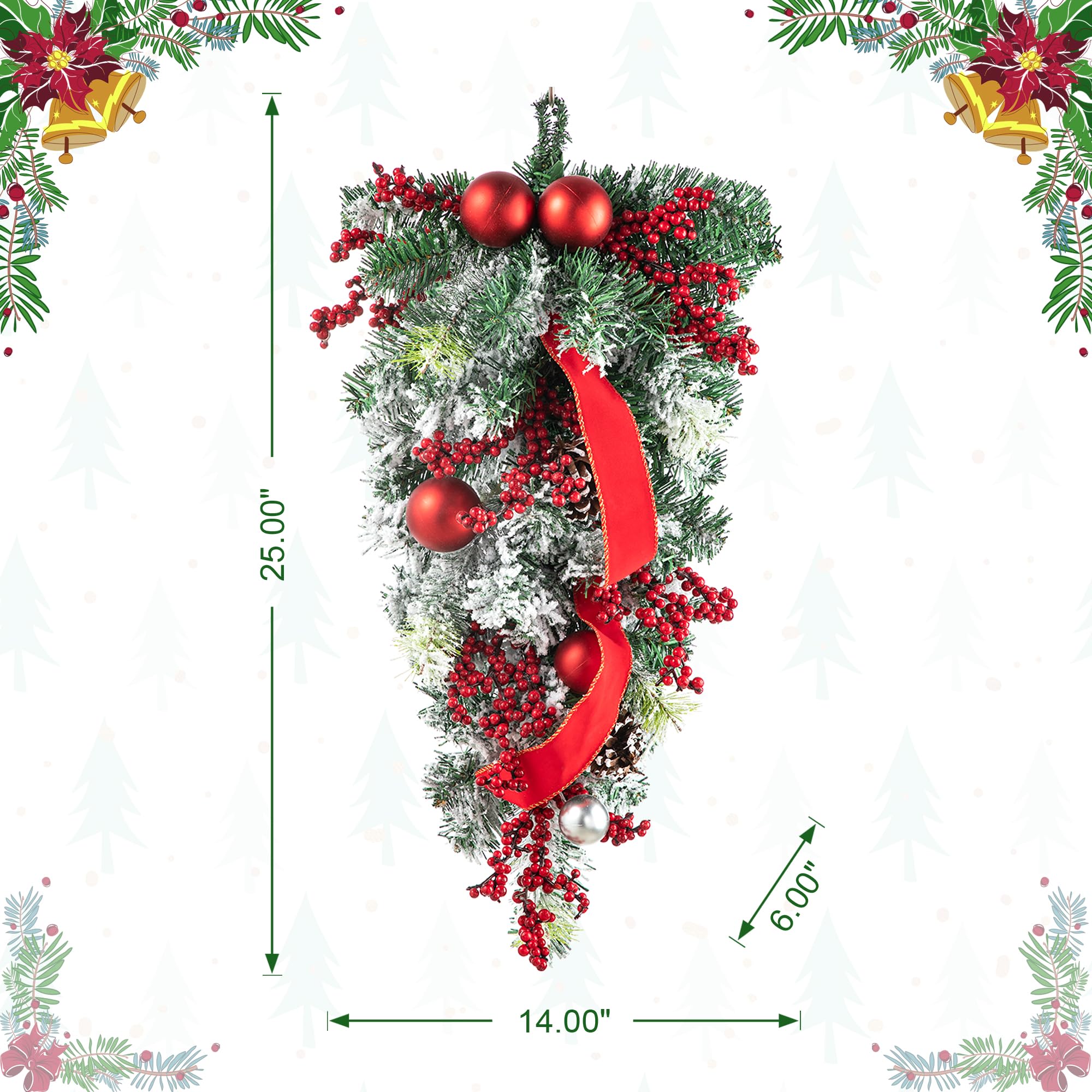 glitzhome 2Pcs Christmas Teardrop Swag, Artificial Swag Wreaths with Berries, Pinecone and Red Ball Ornament, 25