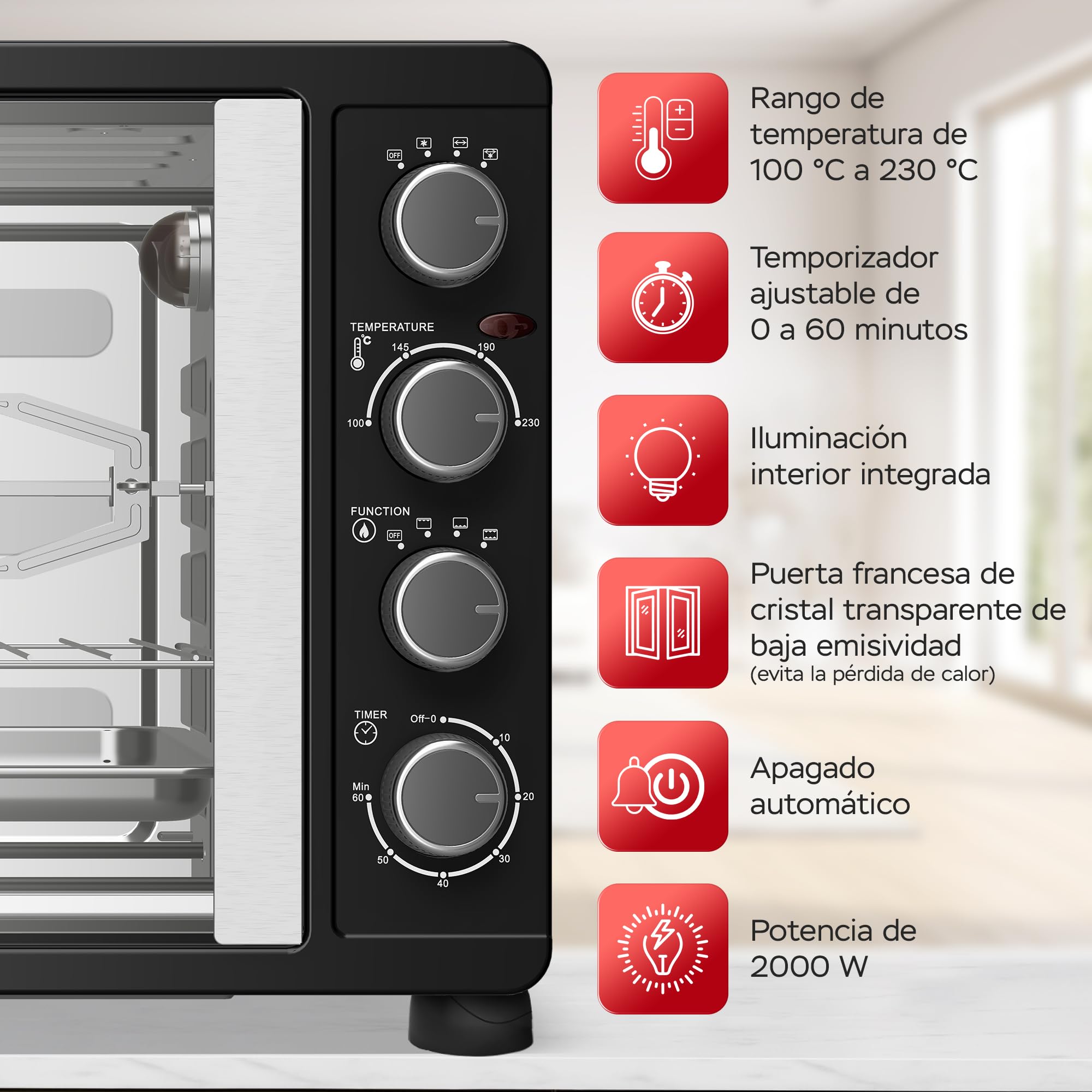 TurboTronic Mini horno con recirculación de aire 45L 2000W negro pincho giratorio temporizador