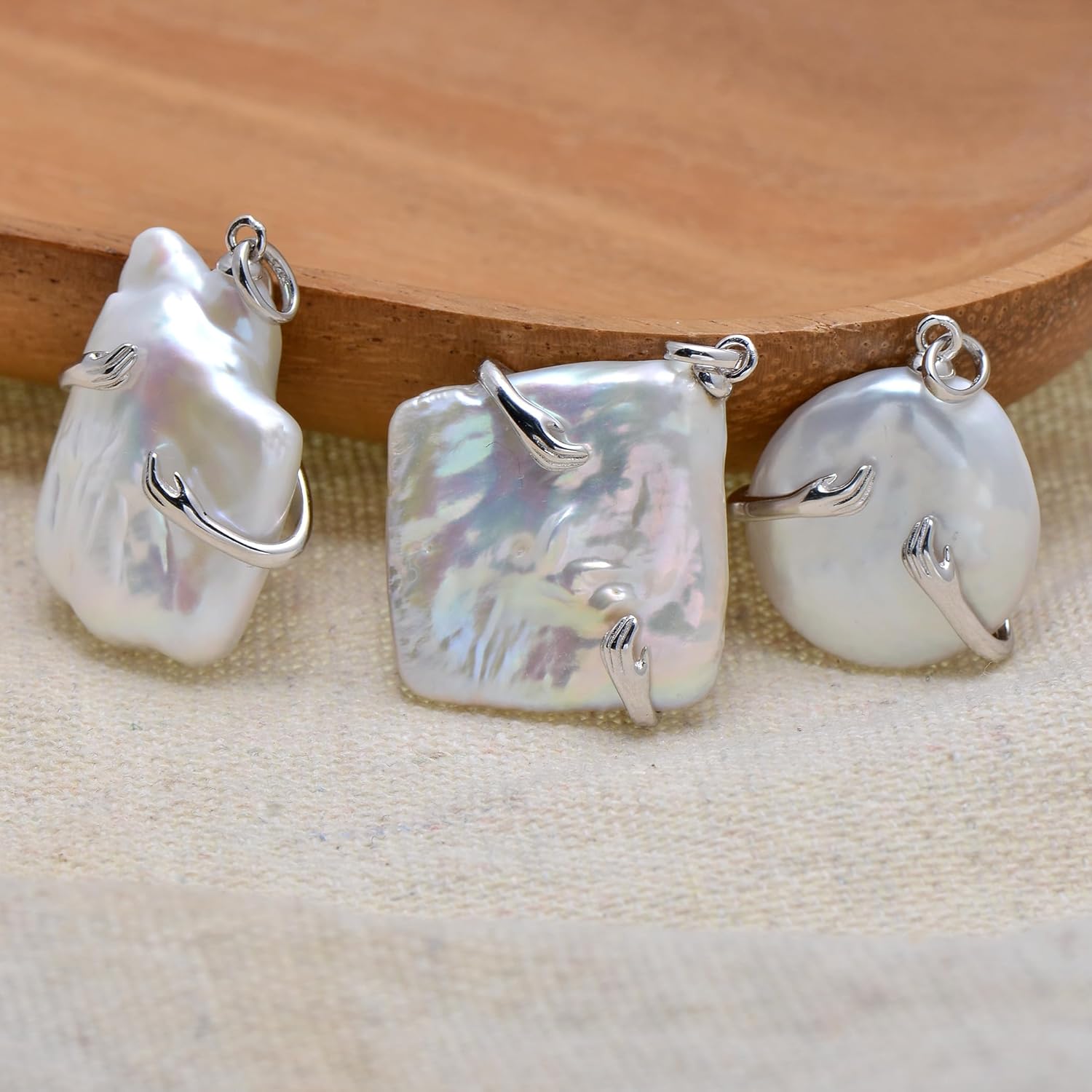 Paialco Large Baroque Pearl Pendant, Sterling Silver Hug Hands Holding Freshwater Pearl Necklace - Image 4