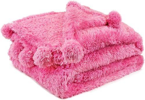 Miniatura 1 de PAVILIA Manta de sherpa de color rosa intenso con flecos de pompones suaves, acogedora y cálida para sofá y cama, manta de forro polar mullido con