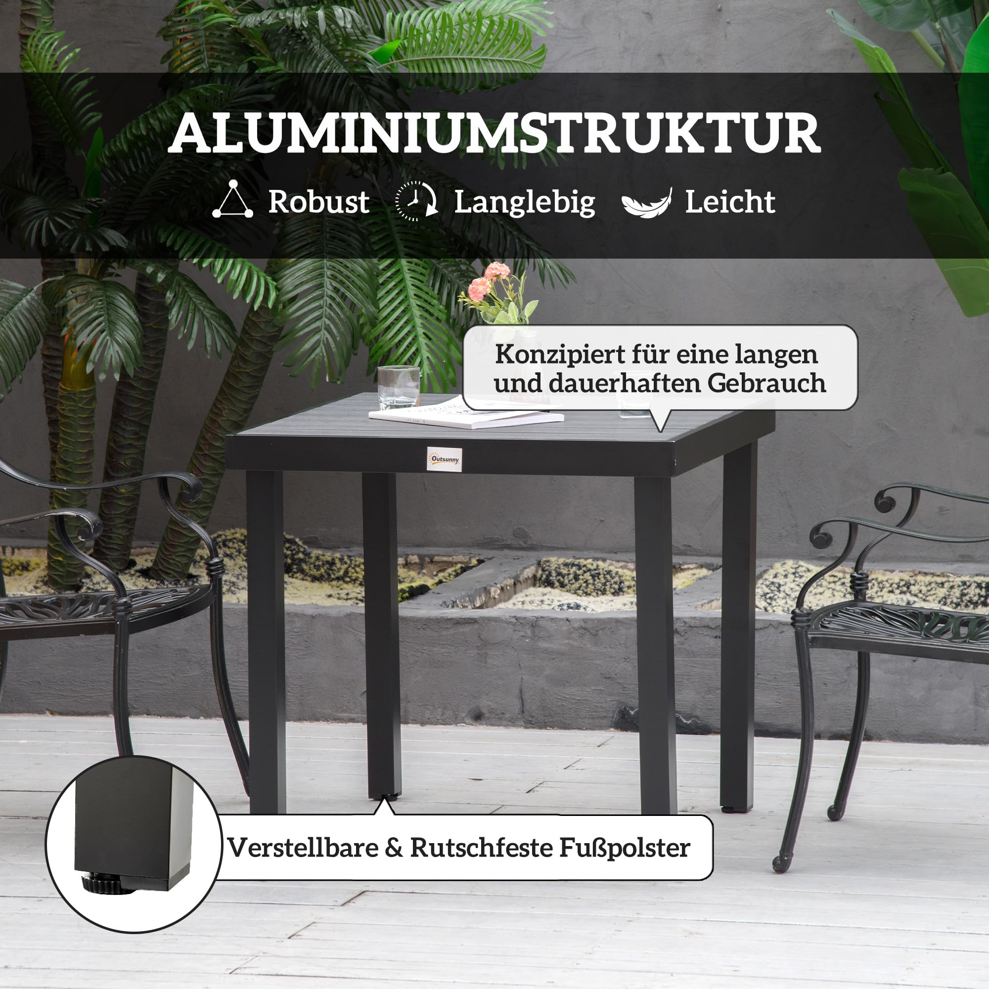 Outsunny Gartentisch für 6 Personen Esstisch Aluminiumtisch Gartenmöbel Loungemöbel pflegeleicht Kunststoff Natur+Schwarz 80 x 80 x 74 cm
