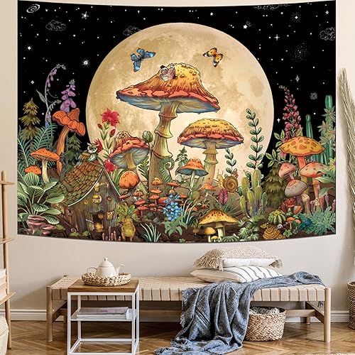 Miniatura 4 de Ameyahud Tapiz de hongos, luna y estrella, tapiz de cielo estrellado, tapiz estético vintage, tapiz de plantas de naturaleza, tapiz floral de
