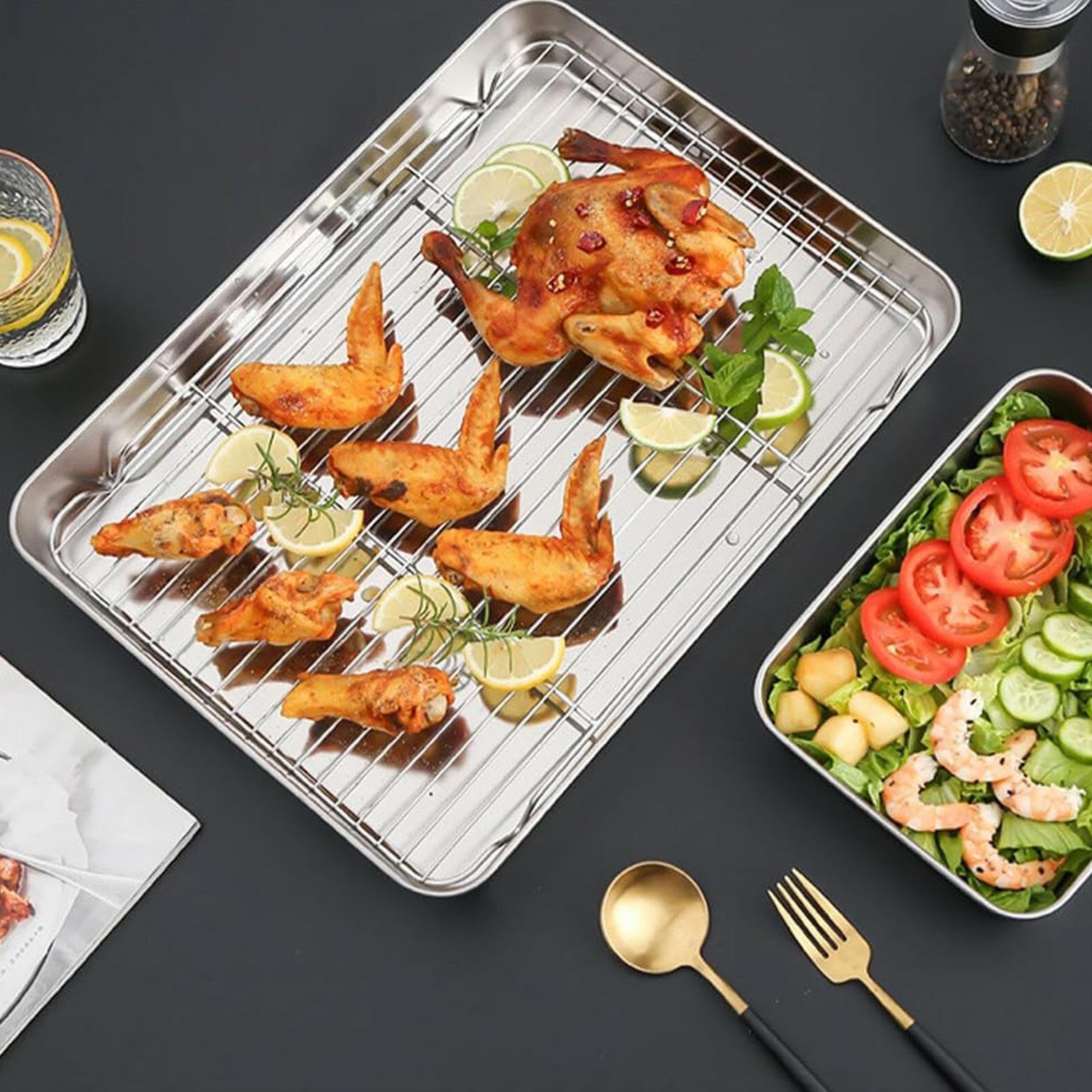 Backblech-Set aus Edelstahl mit Abkühlgitter, leicht zu reinigen und spülmaschinenfest, perfekt zum Kochen im Ofen und Braten in der Küche