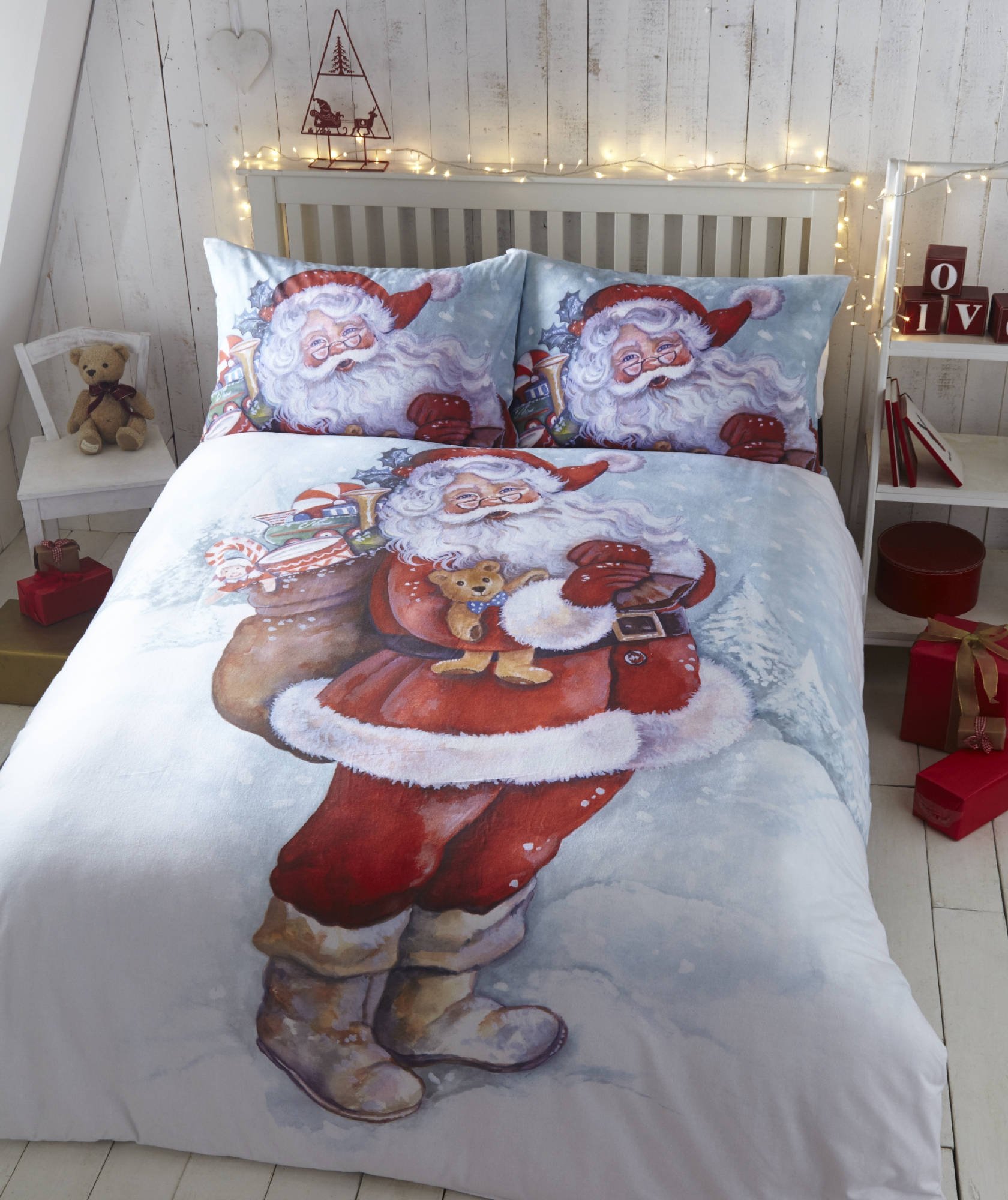 Eleanor James Multi-Colour Father Christmas Xmas Quilt Duvet Cover Bedding Bed Set Santa Claus, King