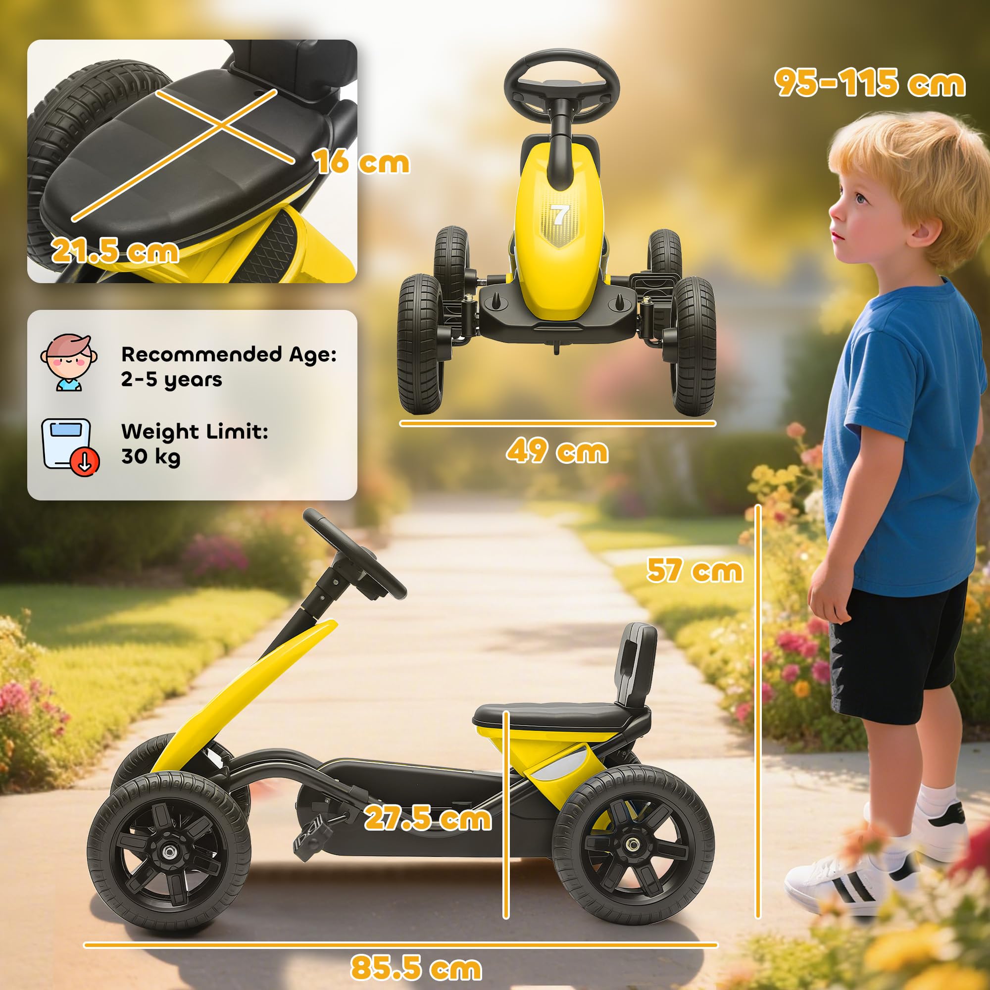 AIYAPLAY Go Kart a Pedales para niños, Coche de Carreras para niños con neumáticos EVA silenciosos, para 2-5 años, Amarillo
