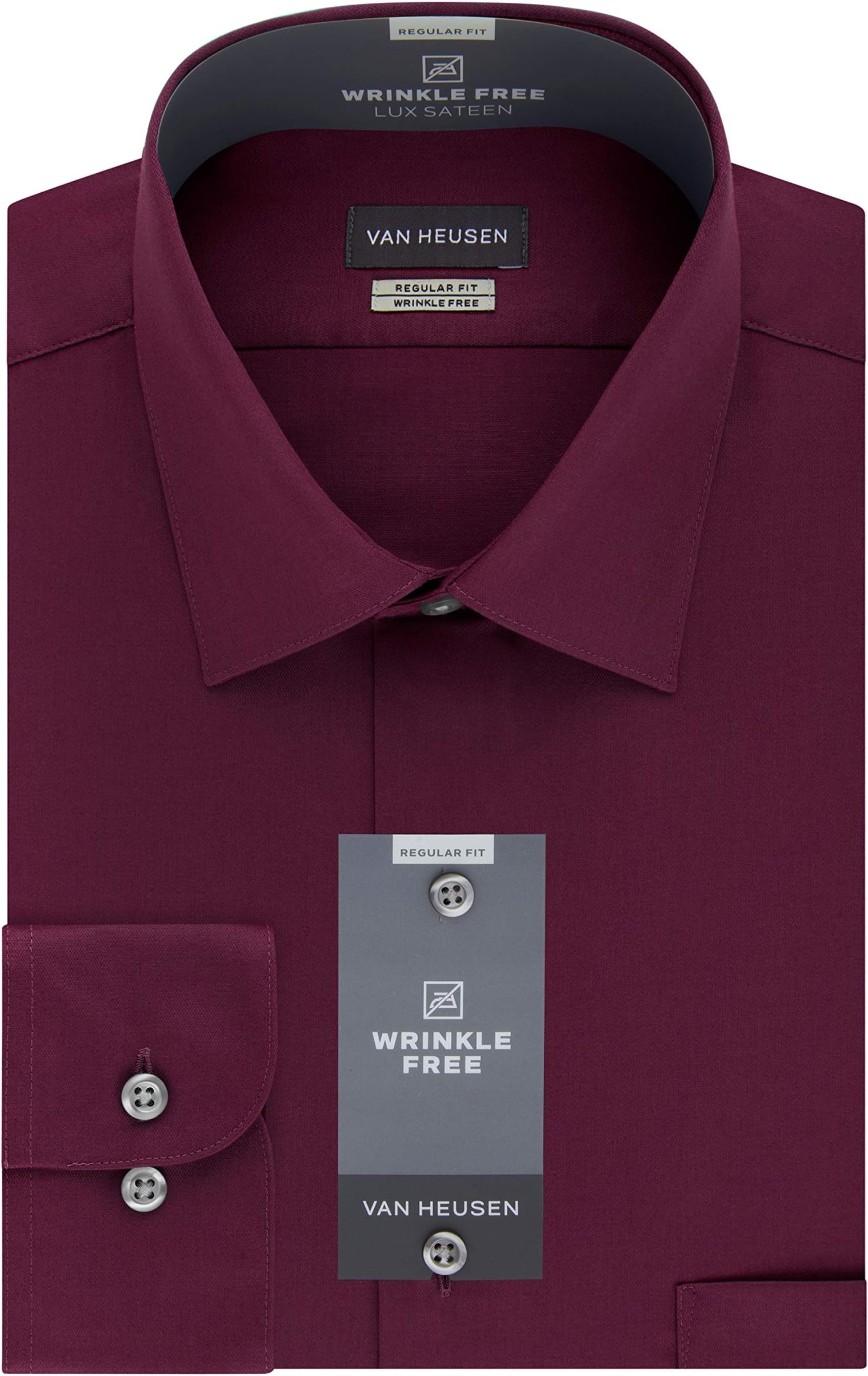 Van Heusen Men's Lux Sateen Regular Fit Solid Spread Collar Dress Shirt