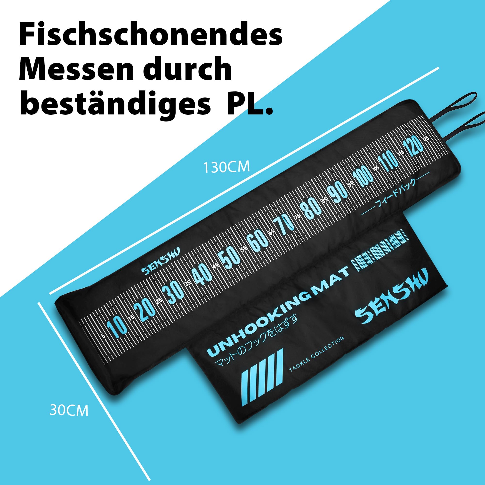 Abhakmatte mit Maßband, 130x30cm, Schwarz-Türkis | XXL Messmatte, Fischschutz-Matte mit Kniepolster, Rollbar & Ultraleicht, Schonend für Schleimhaut