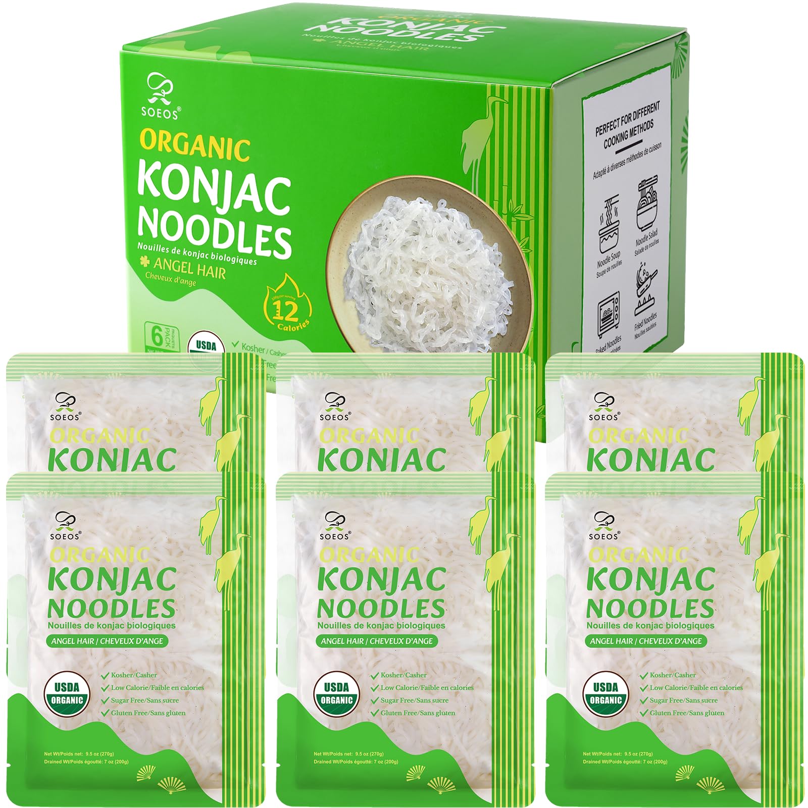 Soeos Organic Konjac Noodles, Angel Hair Pasta, 9.5oz (270g)*6 Pack, Vegan | Low Calorie, Low Carb, Keto and Paleo Friendly Shirataki Noodle, Gluten-Free, Fat Free, Sugar Free USDA Organic