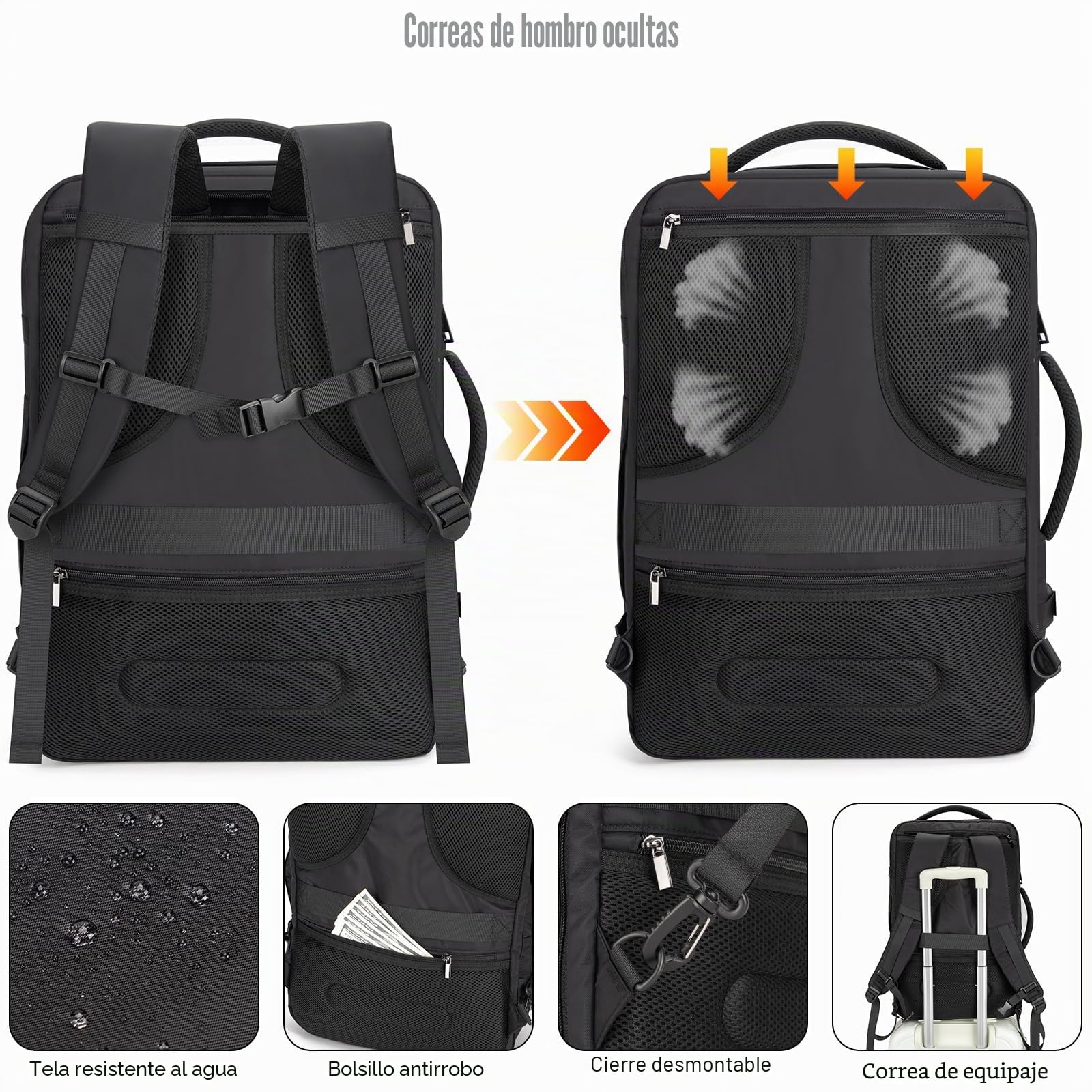 Tzowla Mochila Viaje Cabina Avion para Hombre y Mujer 40 litros,Mochila para Portatil Impermeable Antirrobo con Puerto de Carga USB,Bolsa de Transporte Casual para 17,3 pulgadas