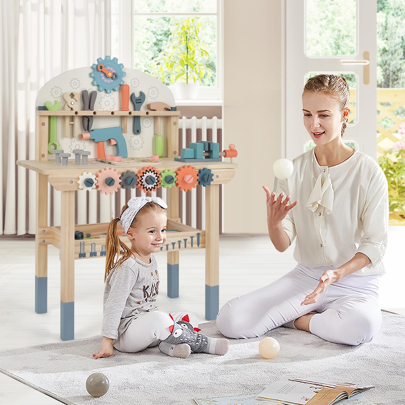 GOPLUS - Juguete de banco para niños, juego de imitación con 53 piezas, accesorios multicolor, banco de madera con estante de almacenamiento, juguete educativo para niños y niñas de 3 años