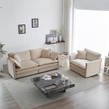 Tmsan 2 Piece Cloud Loveseat Sofa Couch and Chair Set for Living Room, Oversized Chenille Modular Sectional Sofa Furniture for Apartment Large Spaces, Light Coffee
