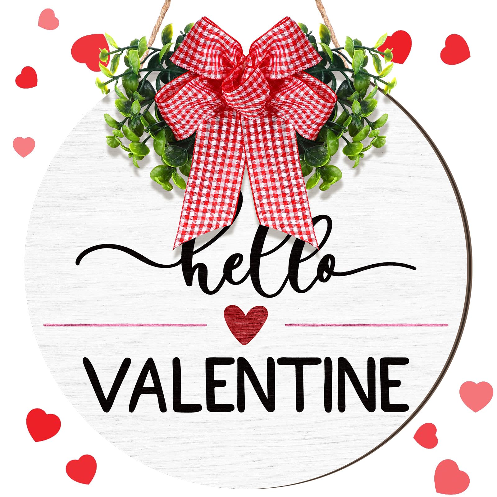 Shellwei Hello Valentine's Day Sign for Front Door 12 Inches Wood Round Wall Decor with Bow Valentine's Day Door Wreath Hanger Indoor Wall Hanging Decoration for Wedding Home Outdoor Porch