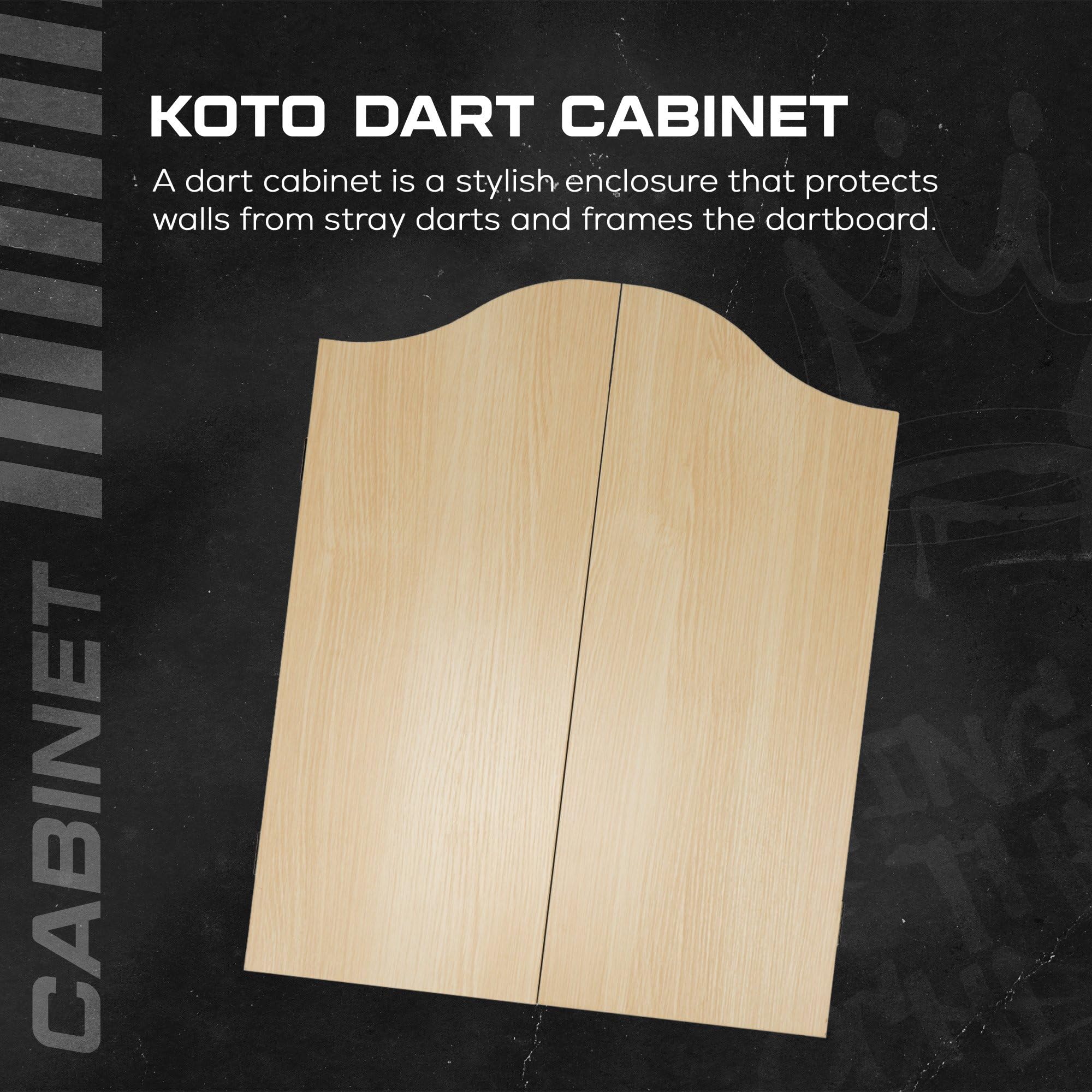 KOTO - Centre de Fléchettes Chêne, Ensemble Complet avec Armoire, Cible de Fléchettes, Deux Jeux de Fléchettes et Ligne de Lancer