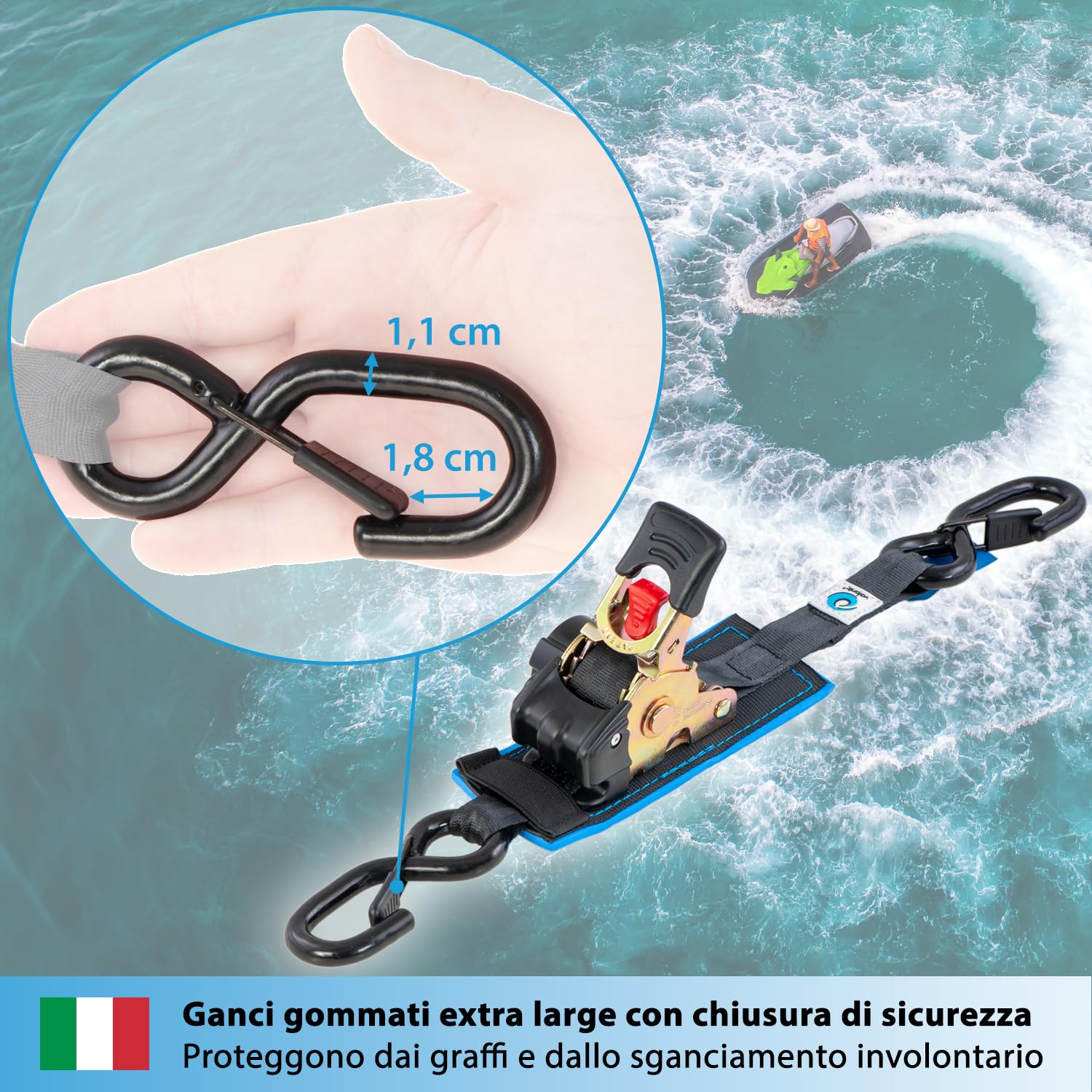 valonic RACOON - 2x 3m cinghie di fissaggio automatico, 25mm, 300/600 Kg, imbottito, EN-12195-2 - con gancio, con cricchetto, nero, per moto